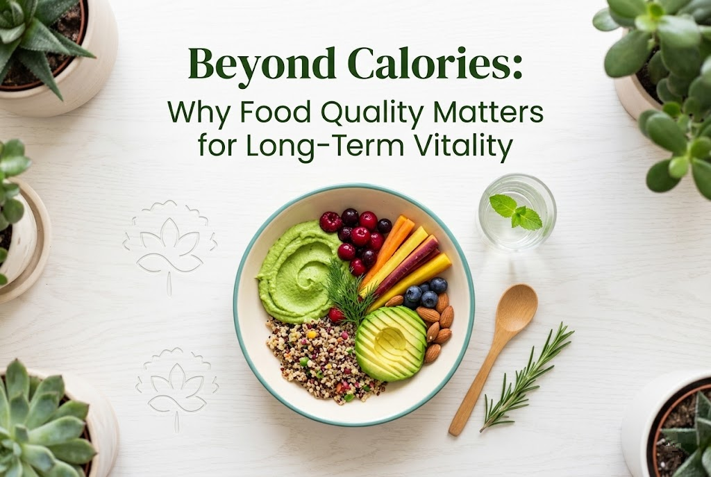 A vibrant bowl of whole foods including calories rich sliced avocado, quinoa, fresh berries, and nuts on a light wooden table, illustrating the importance of food quality for vitality.