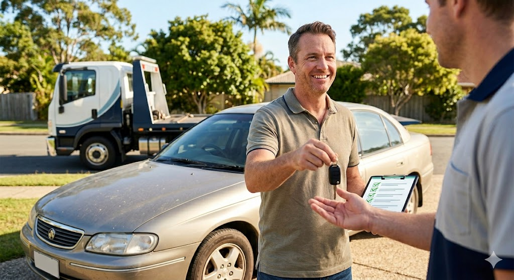 Checking a scrap car for personal belongings before Brisbane auto removal.