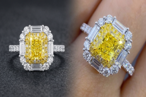 Yellow radiant cut diamond ring with halo setting and baguette side stones on pavé band