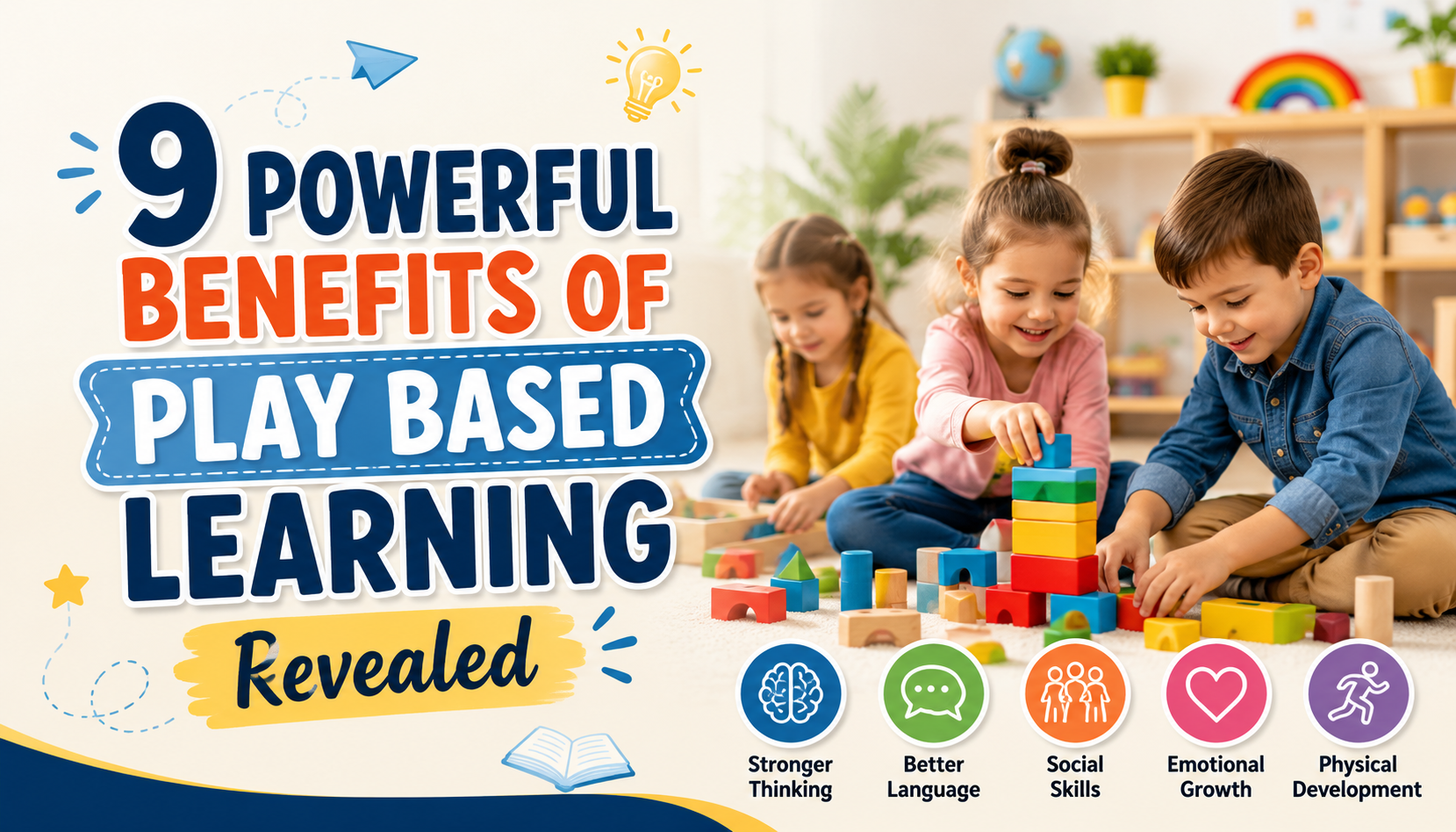 Children playing with colorful blocks in a bright preschool classroom, showing the benefits of play based learning.