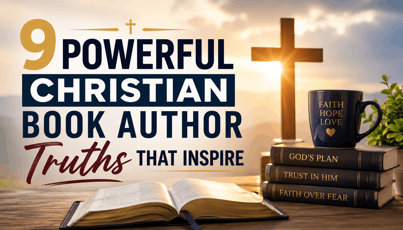 Professional blog thumbnail featuring an open Bible, Christian books, a glowing cross, and warm sunrise light with the title “9 Powerful Christian Book Author Truths That Inspire.”