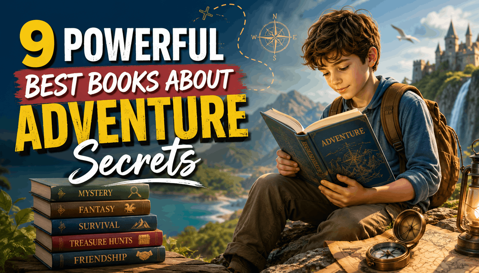 A young reader explores an adventure book with maps, a compass, fantasy scenery, and the title 9 Powerful best books about adventure Secrets.