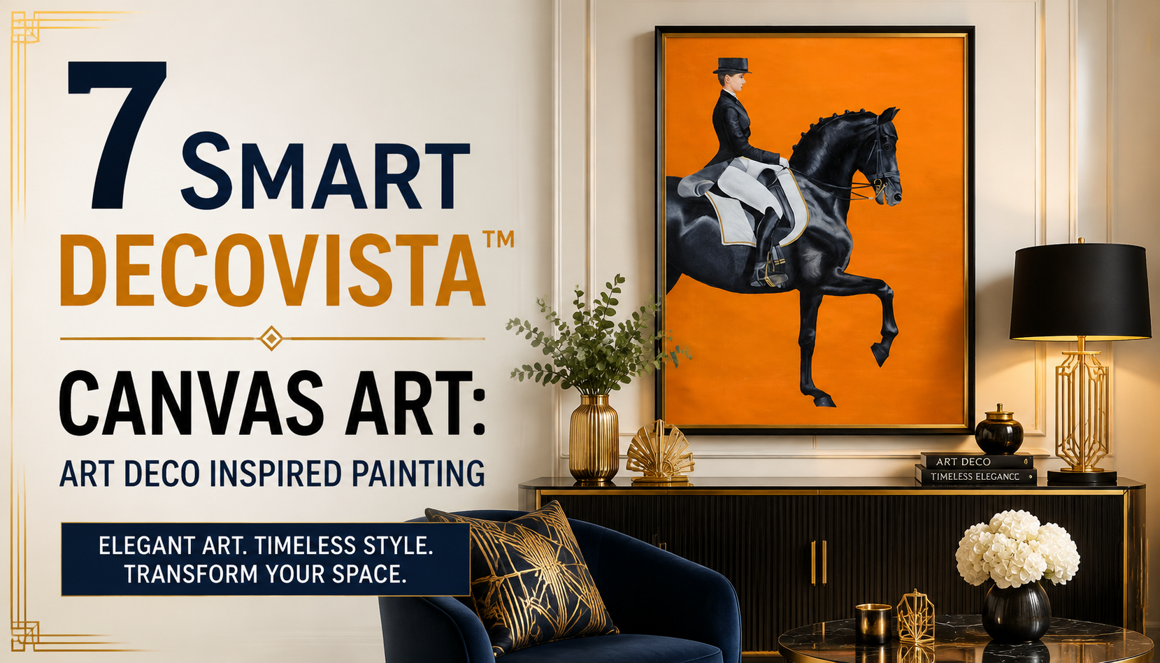 Elegant Art Deco inspired canvas art featuring a rider on a black horse against a bold orange background, displayed as a framed wall painting for modern home décor.