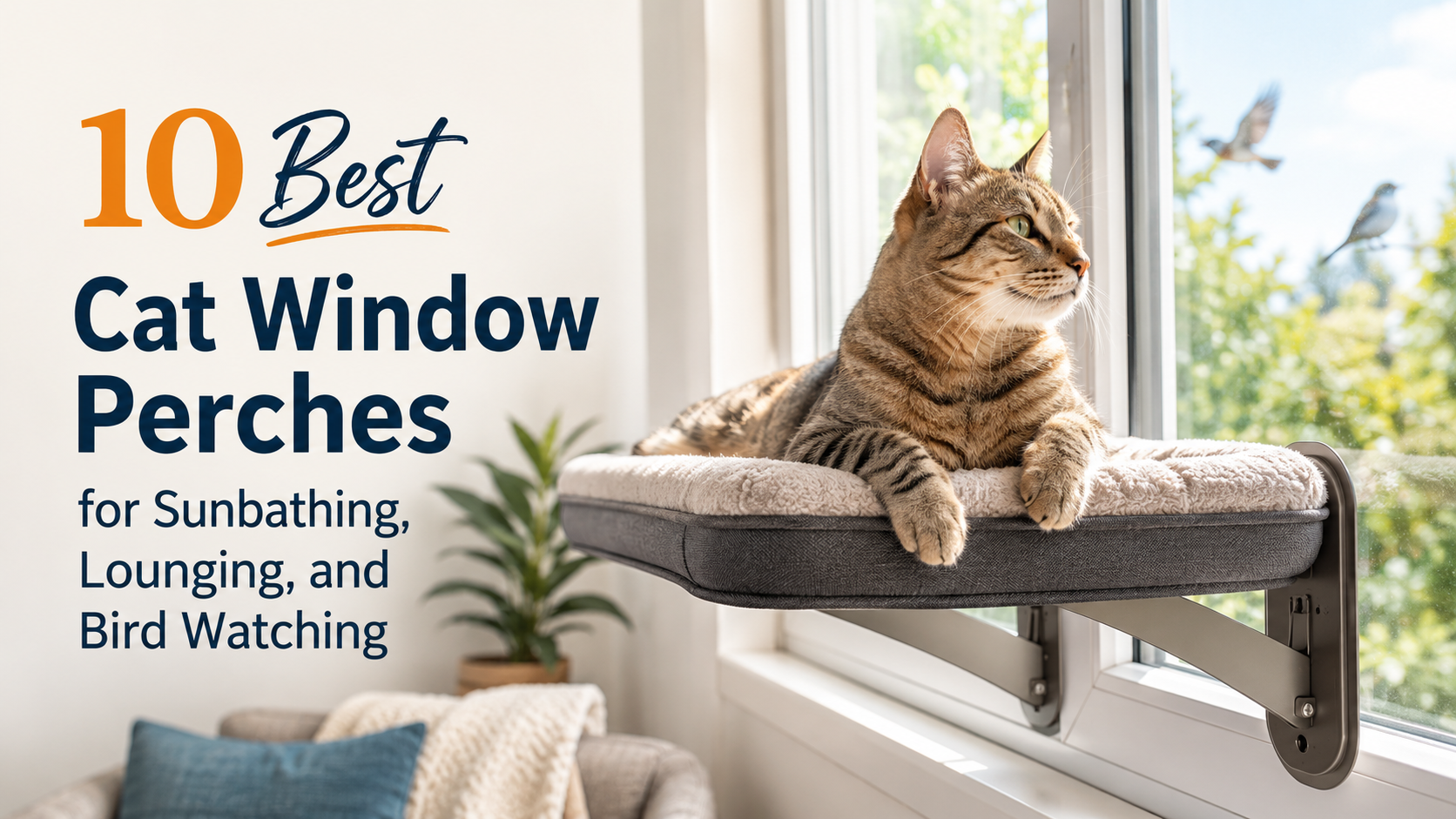 Tabby cat relaxing on a soft window perch in a sunny room while watching birds outside.