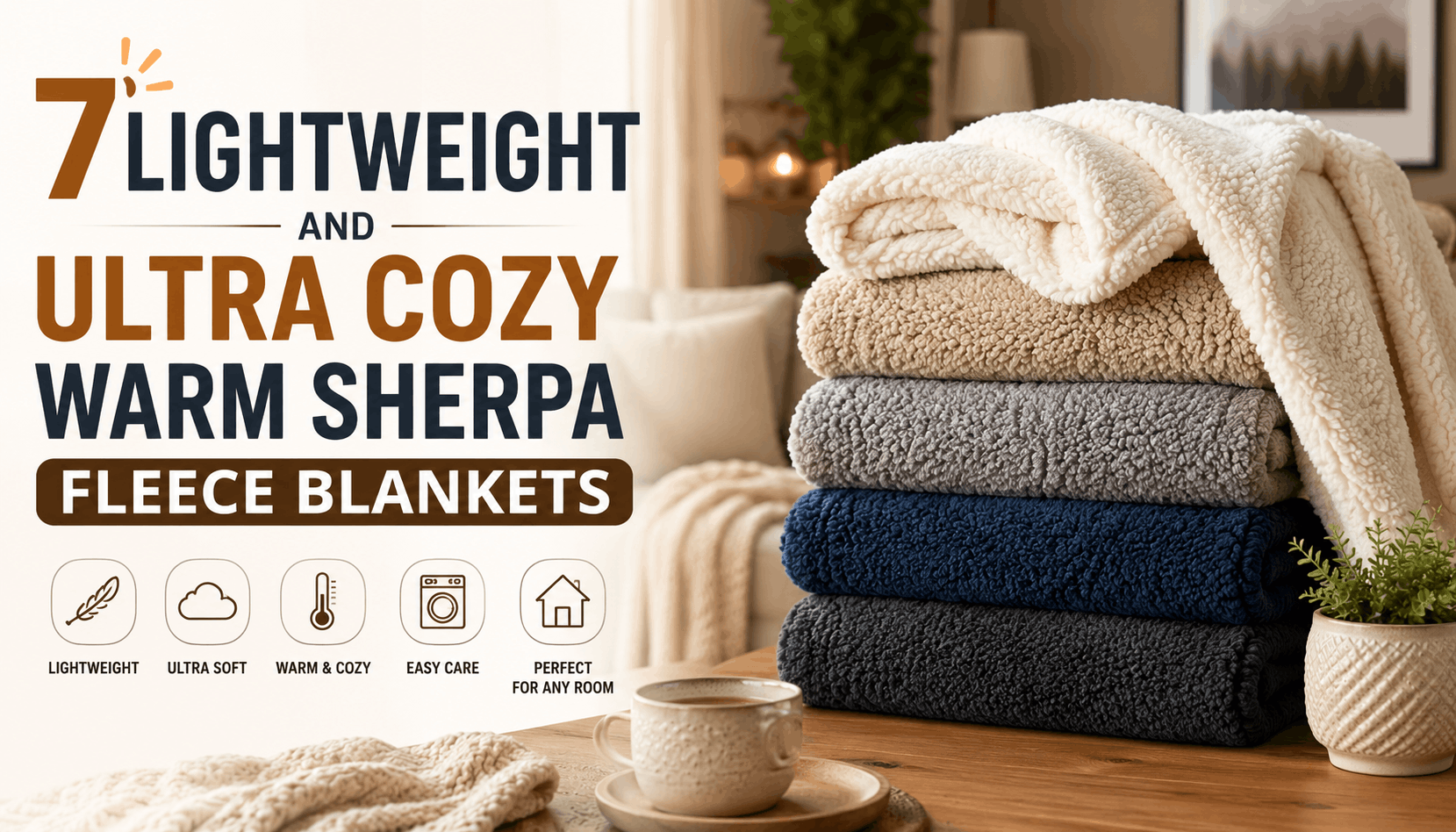 Cozy stack of lightweight Sherpa fleece blankets in a warm living room with the title 7 Lightweight and Ultra Cozy Warm Sherpa Fleece Blankets.