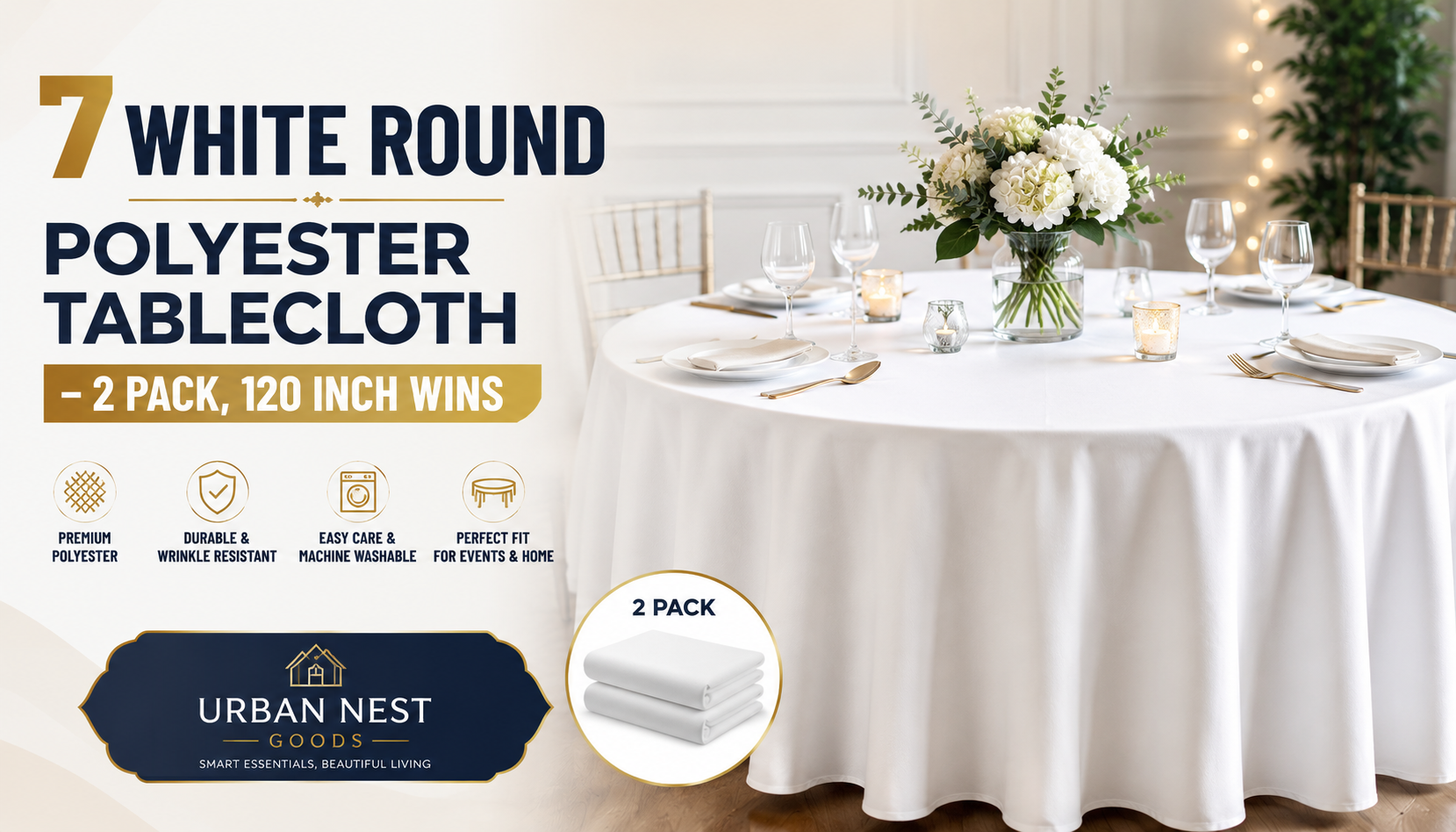White round polyester tablecloth on an elegant dining table with floral centerpiece, candles, gold tableware, and 2 pack product detail.
