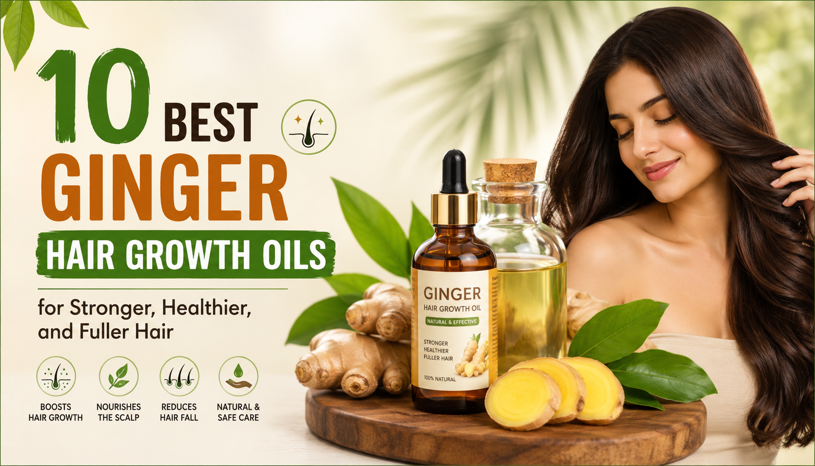 10 Best Ginger Hair Growth Oils for Stronger, Healthier, and Fuller Hair blog banner featuring ginger roots, hair oil bottles, and a woman with long shiny hair in a natural beauty setting