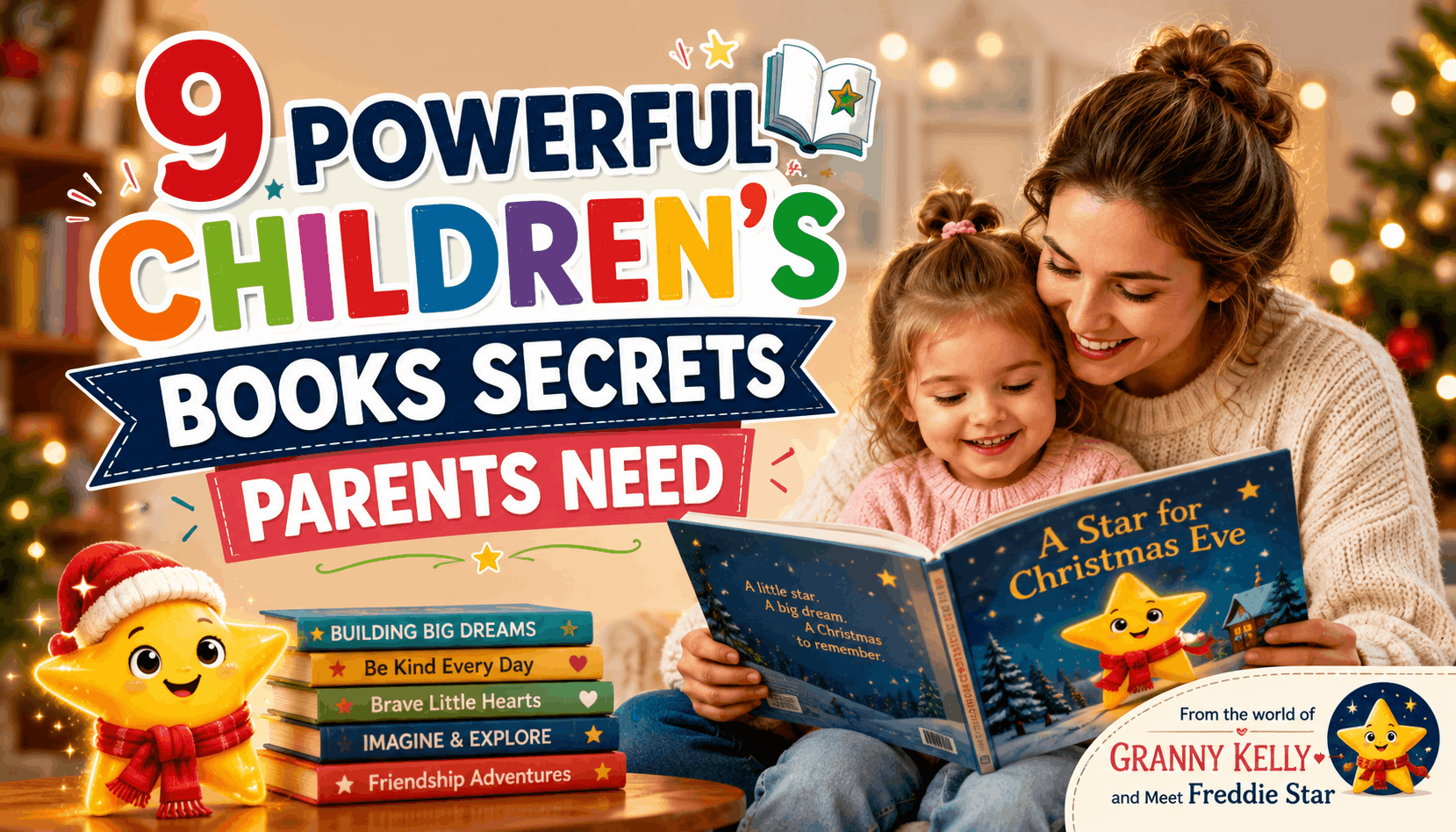 Mother and child reading a Christmas children’s book with a smiling Freddie Star plush in a cozy holiday room.