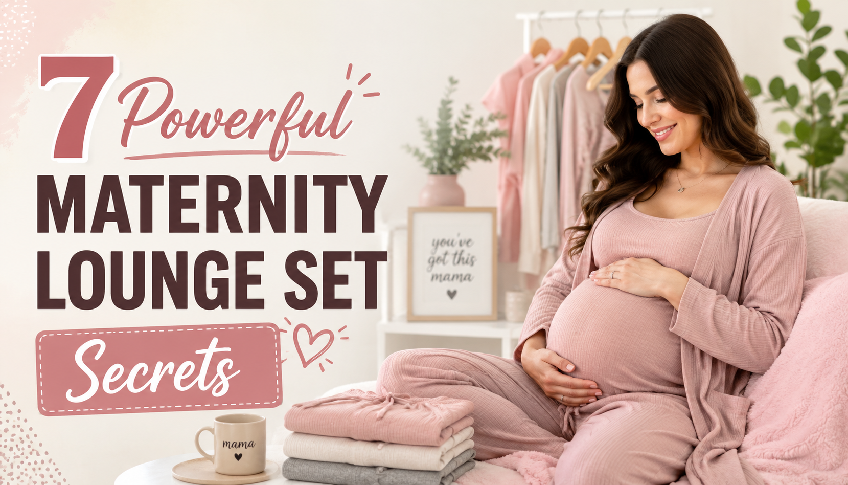 “Pregnant woman in soft maternity lounge set relaxing at home with cozy pastel background and ‘7 Powerful Maternity Lounge Set Secrets’ blog title overlay.”