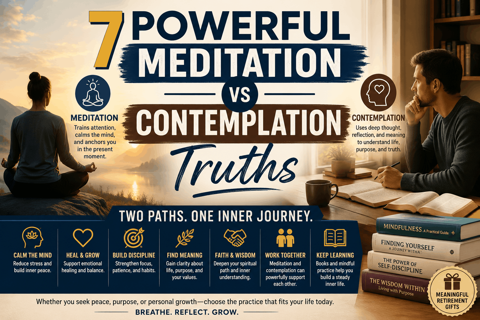 A peaceful split-scene blog thumbnail showing meditation outdoors and contemplation indoors, with the title “7 Powerful Meditation vs Contemplation Truths.”