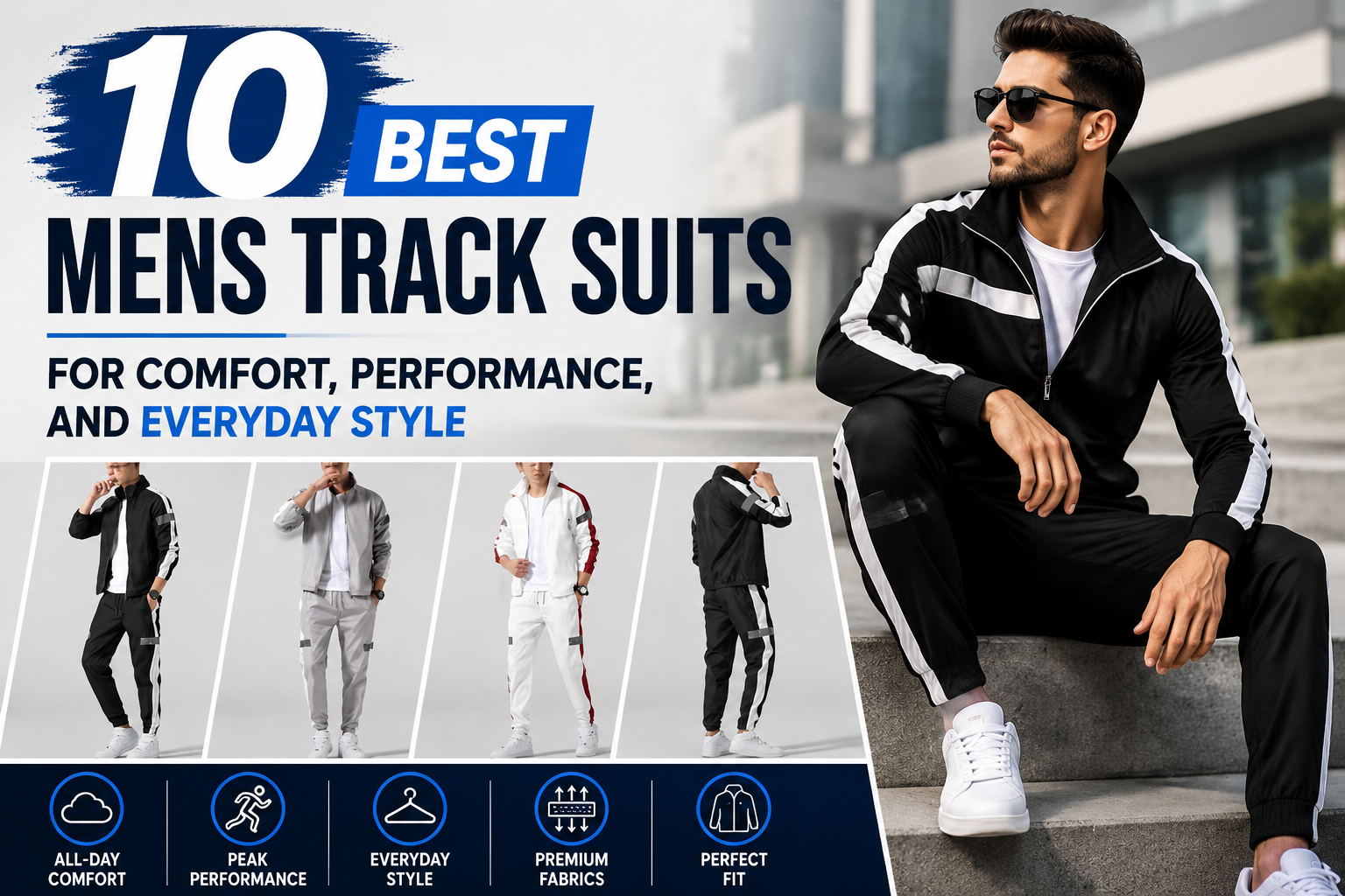 Modern blog banner featuring a male model wearing stylish men’s track suits in black, white, grey, and red variations, showcasing comfort, performance, and everyday athletic fashion with bold headline text “10 Best Mens Track Suits for Comfort, Performance, and Everyday Style.”