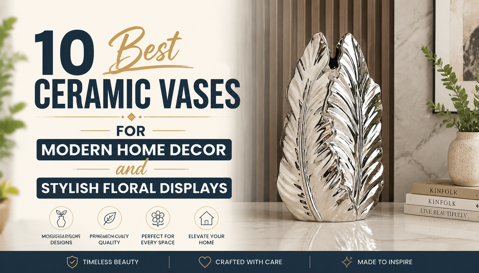 Modern ceramic leaf-shaped metallic silver vase displayed on a marble tabletop in a stylish home decor setting with soft neutral background and books beside it.