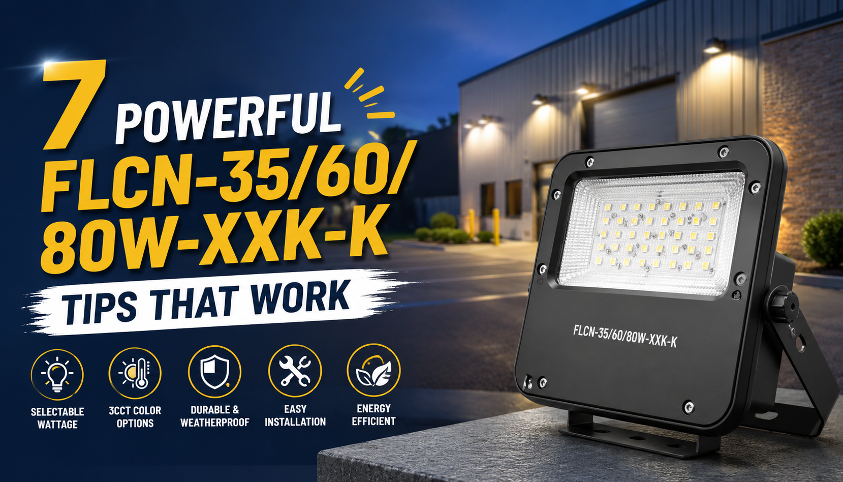 FLCN-35/60/80W-XXK-K LED flood light illuminating an outdoor commercial building with selectable wattage and energy-efficient features.