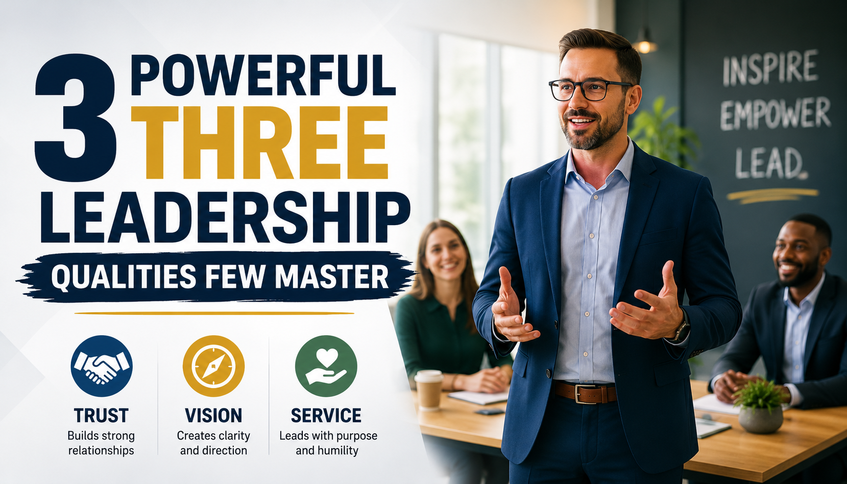 Professional blog thumbnail showing a confident leadership speaker with a team, highlighting trust, vision, and service as three key leadership qualities.