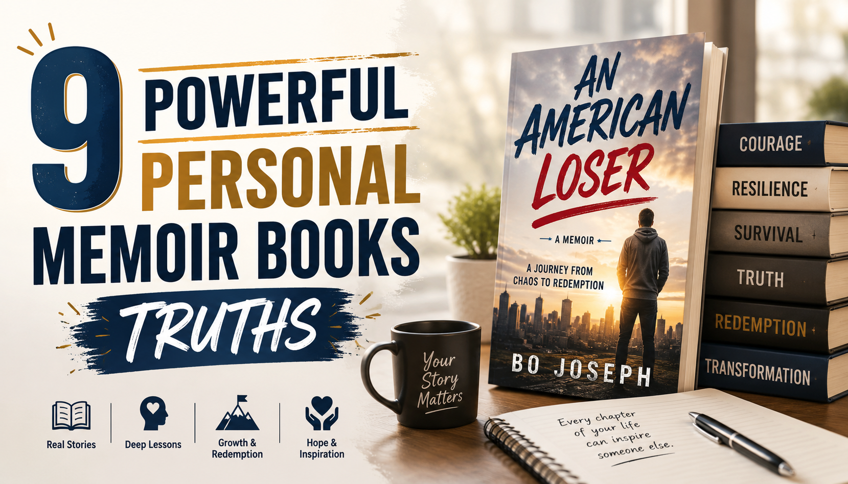 Professional blog thumbnail for “9 Powerful Personal Memoir Books Truths,” featuring bold title typography, a memoir book display, stacked books labeled with themes like courage, resilience, survival, truth, redemption, and transformation, plus a warm writing desk setup.