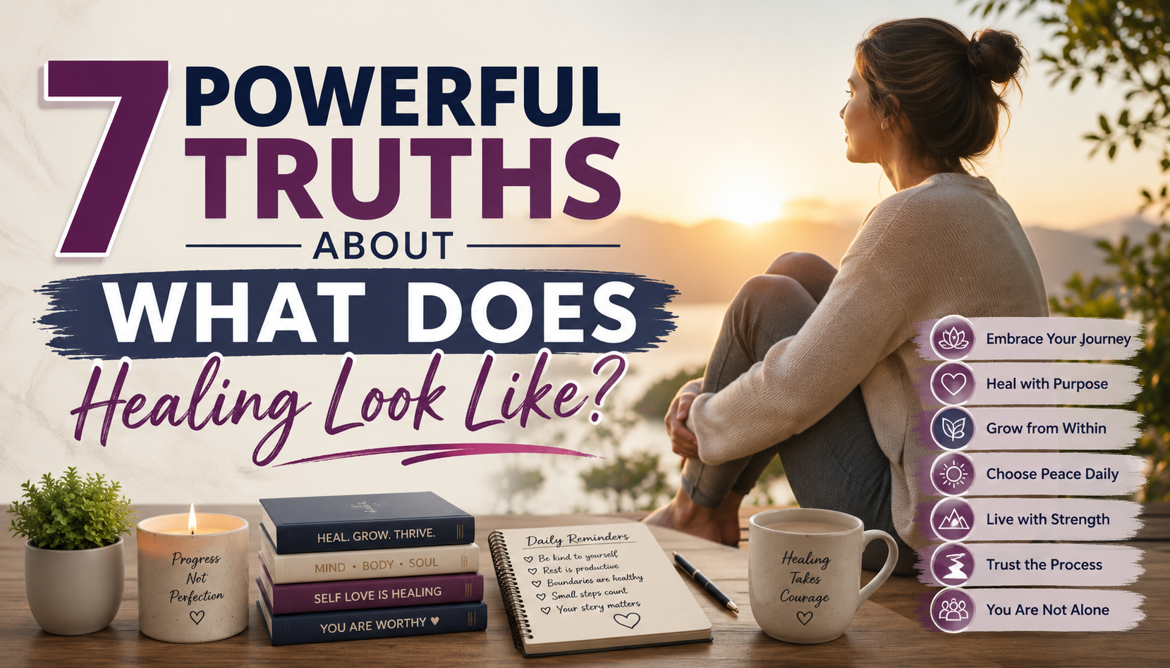 Woman sitting peacefully at sunrise with healing books, journal, candle, and wellness icons for a blog about emotional healing.