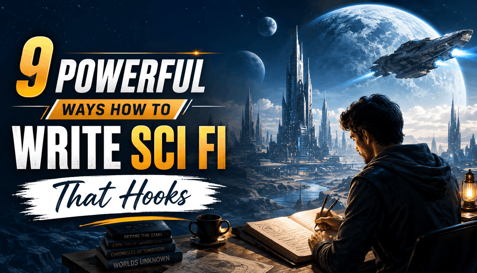 Professional sci-fi writing blog thumbnail showing a futuristic writer planning a science fiction story with planets, technology, and glowing creative ideas, featuring the title “9 Powerful Ways How to Write Sci Fi That Hooks.”