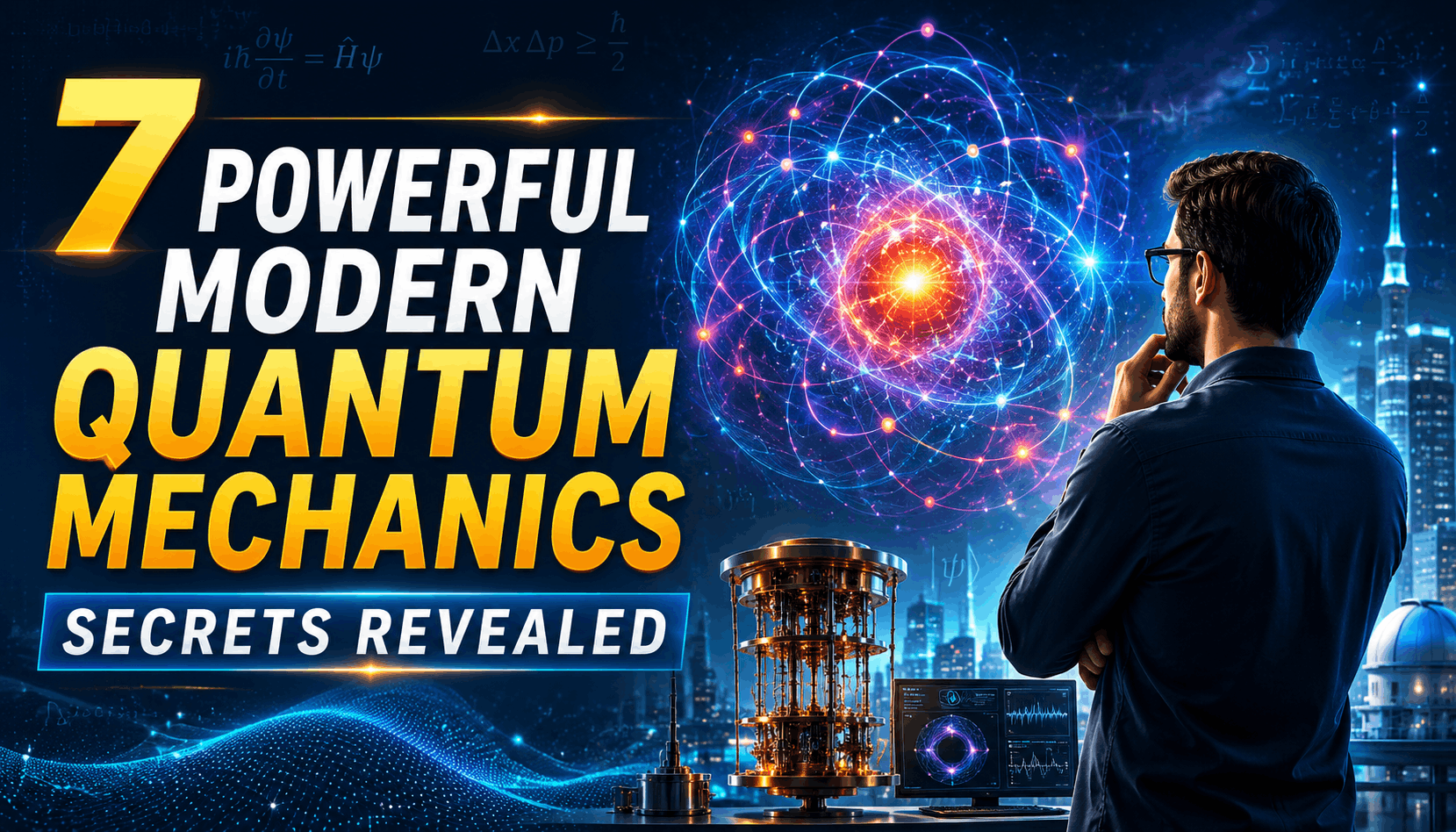 7 Powerful Modern Quantum Mechanics Secrets Revealed thumbnail with glowing atoms, quantum particles, futuristic technology, and a sci-fi city background.