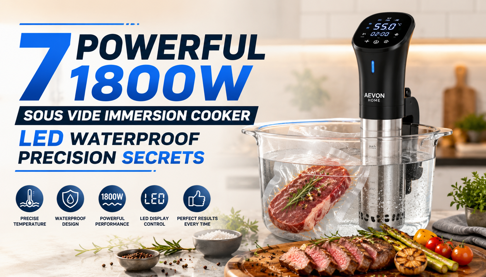 1800W sous vide immersion cooker with LED display cooking sealed steak in a water bath, shown with sliced steak and vegetables in a modern kitchen.