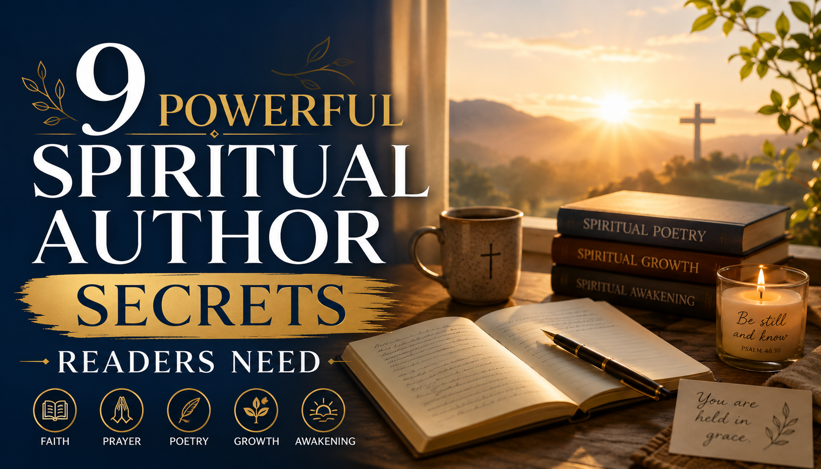 Professional blog thumbnail for “9 Powerful Spiritual Author Secrets Readers Need” showing an open journal, spiritual books, candlelight, a cross, and sunrise scenery symbolizing faith, prayer, poetry, spiritual growth, and awakening.