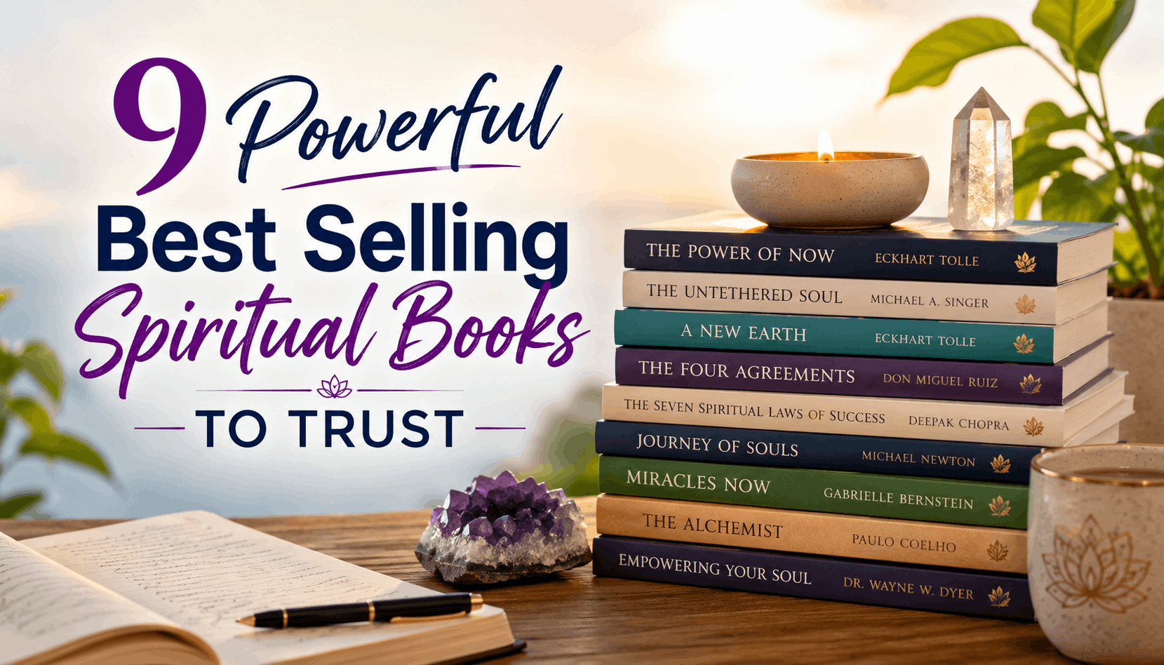 Blog thumbnail showing a peaceful stack of spiritual books with a candle, crystal, journal, and the title “9 Powerful Best Selling Spiritual Books to Trust.”