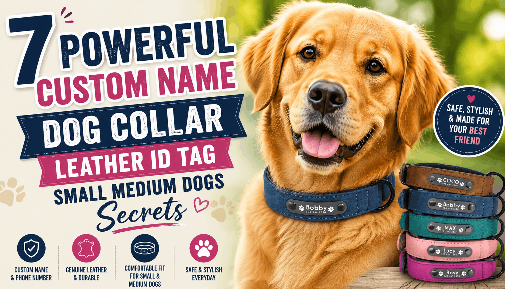 Stack of colorful custom leather dog collars with engraved ID nameplates (Coco, Bobby, Max, Lucy, Rose) arranged vertically for a pet product blog thumbnail.