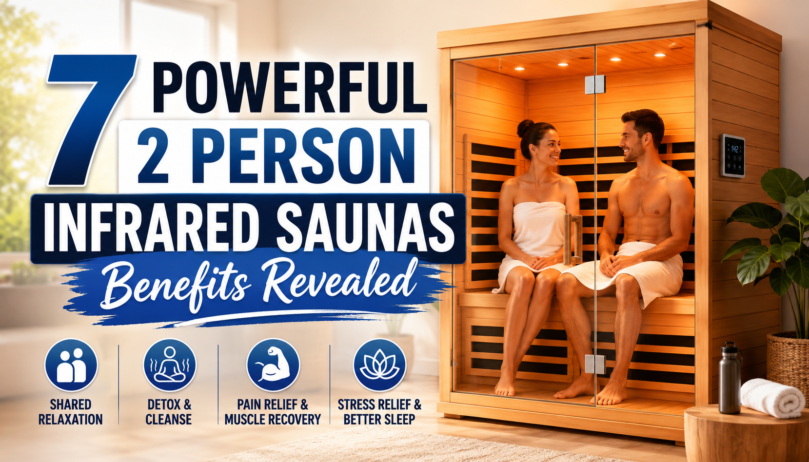 Modern blog thumbnail showing a couple relaxing inside a wooden 2 person infrared sauna with warm lighting and wellness themed layout for an article about 2 person infrared sauna benefits.