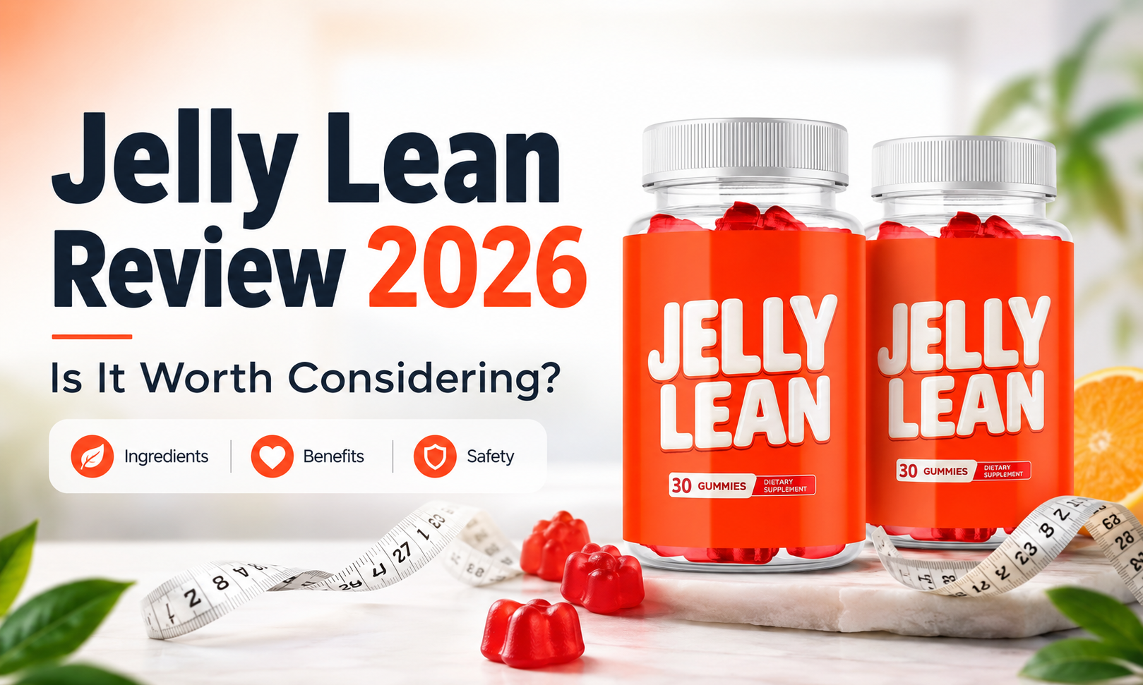 Jelly Lean Review 2026 feature image showing two gummy supplement bottles, red gummies, a measuring tape, and the text “Is It Worth Considering?”