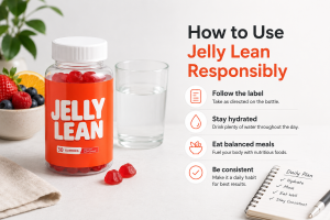 Jelly Lean bottle beside water, fruit, gummies, and responsible-use tips for hydration, balanced meals, label directions, and consistency.