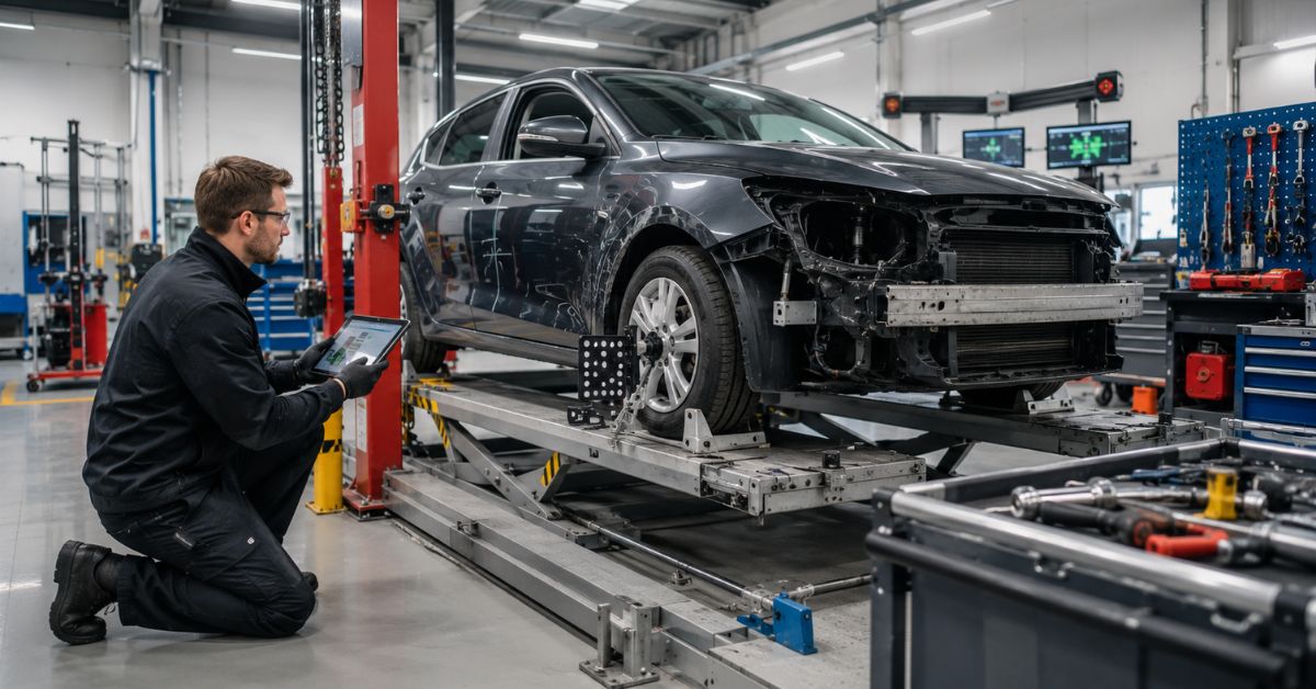 Certified collision repair technician inspecting a damaged vehicle during the professional accident repair process in a UK workshop.