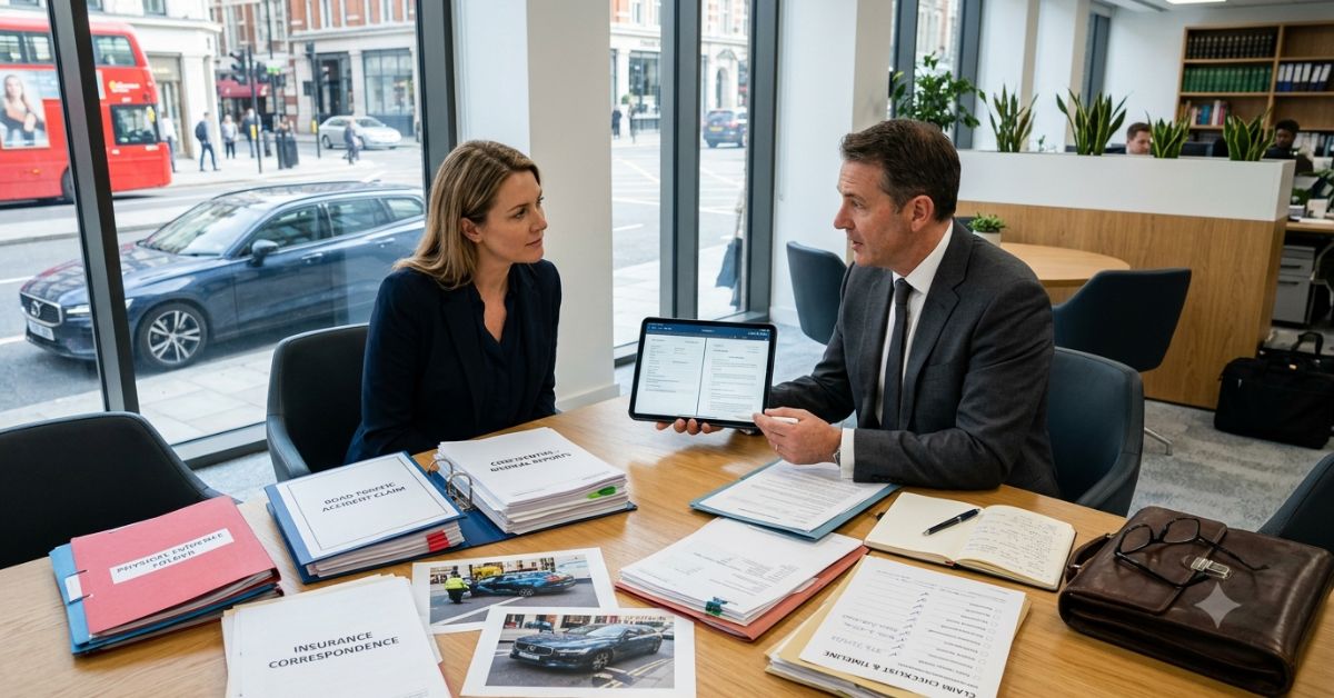 Personal injury claimant reviewing accident evidence and claim documents with a legal specialist after a road traffic accident.