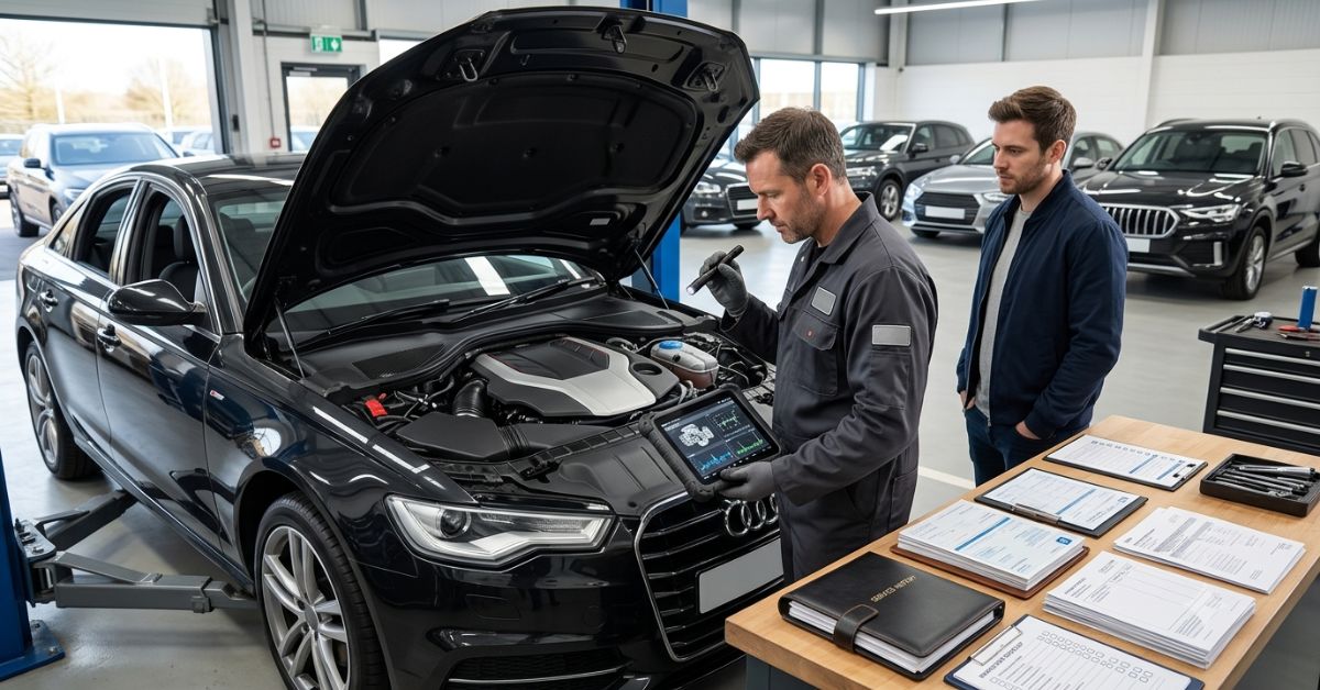 Certified automotive inspector assessing a used luxury German sedan while reviewing service history and inspection records before purchase