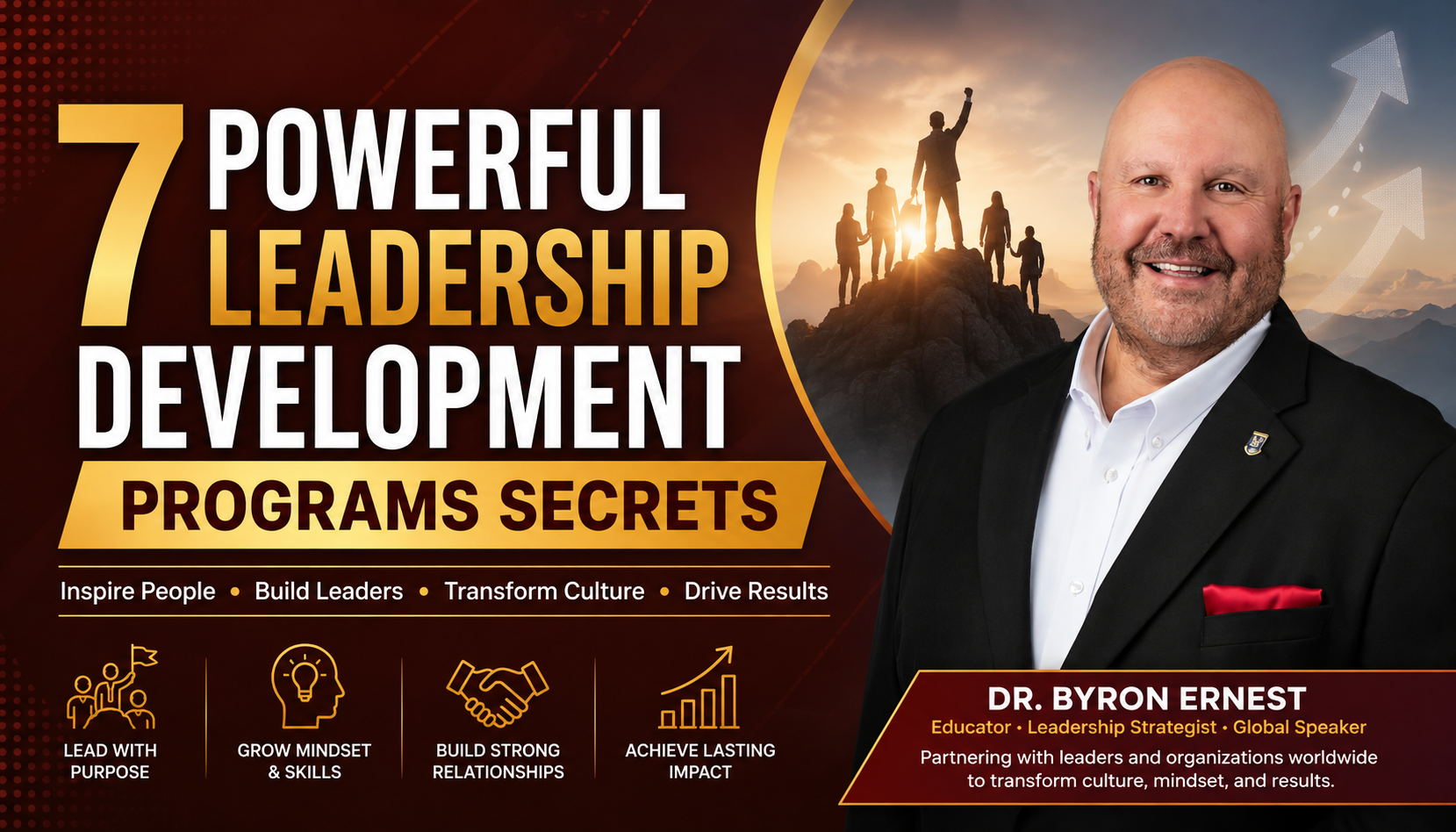 Dr. Byron Ernest beside a leadership team climbing a mountain with the title “7 Powerful Leadership Development Programs Secrets.”
