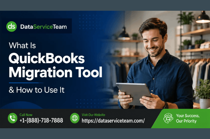 QuickBooks Migration Tool guide showing how to move company data from an old computer to a new computer or online