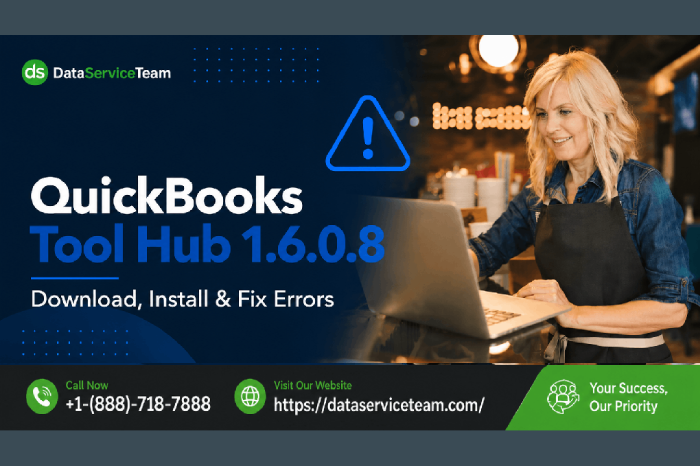 QuickBooks Tool Hub 1.6.0.8 troubleshooting guide showing tools for company file, network, installation, and program errors.